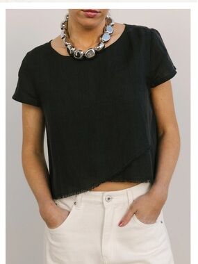 Becasa Black Linen Crop Top short sleeve small